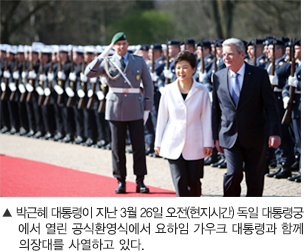 박근혜 대통령이 지난 3월 26일 오전(현지시간) 독일 대통령궁에서 열린 공식환영식에서 요하임 가우크 대통령과 함께 의장대를 사열하고 있다.