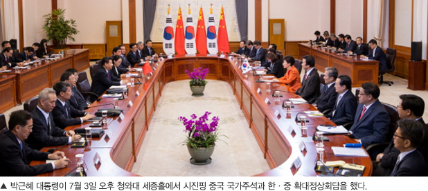박근혜 대통령이 7월 3일 오후 청와대 세종홀에서 시진핑 중국 국가주석과 한·중 확대정상회담을 했다.