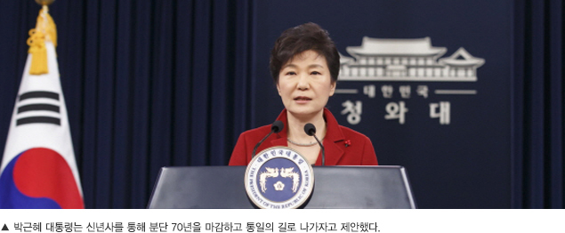 박근혜 대통령는 신년사를 통해 분단 70년을 마감하고 통일의 길로 나가자고 제안했다.