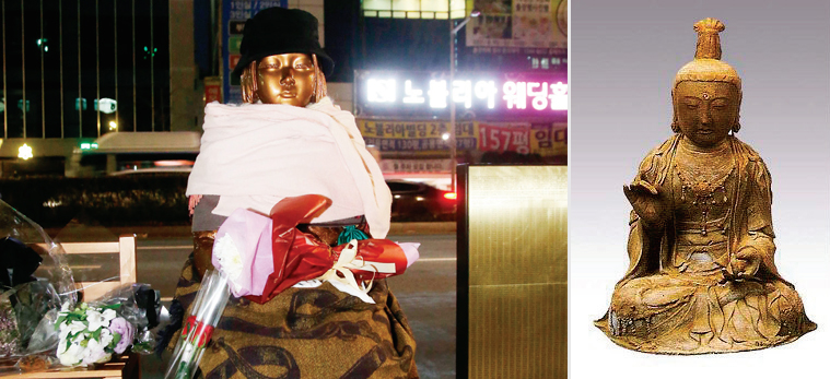 (좌)부산 일본 영사관 앞에 설치된 소녀상. (우)한일 갈등의 요인이 된 대마도 불상.