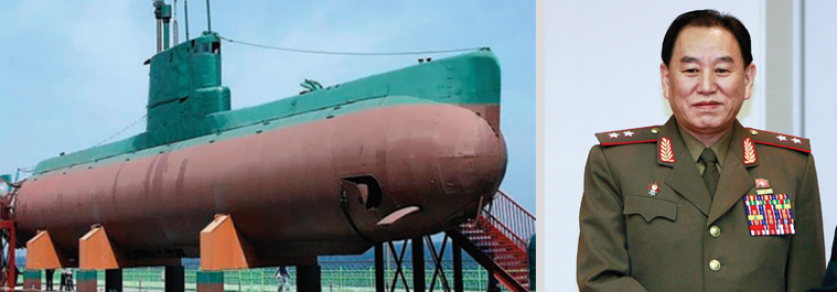 (좌)북한군 정찰총국이 주도한 1996년 강릉 잠수함 침투사건에 사용된 잠수함. (우)김영철 노동당 통일전선부장.