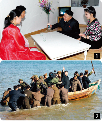 1 2012년 9월 김정은-이설주 부부가 평양 만수대지구 창전거리에 새로 입주한 가정집을 방문하면서 신혼부부에게 안주도 없이 소주를 권하고 있다. 벽시계는 6시 30분을 가리키고 있다. 2 김정은 북한 국방위원회 제1위원장이 2013년 3월 11일 연평도 타격 임무를 부여받은 월내도방어대를 시찰한 후 돌아가고 있다. 극적 효과를 높이기 위해 낡은 선박을 동원했다.