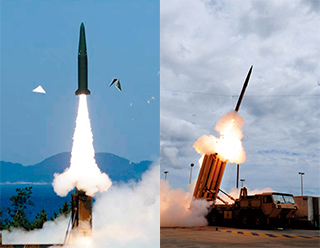 북한이 핵미사일로 도발했을 때 북한을 응징할 현무-2(왼쪽). 발사된 북한 미사일을 요격할 미국의 사드 미사일.